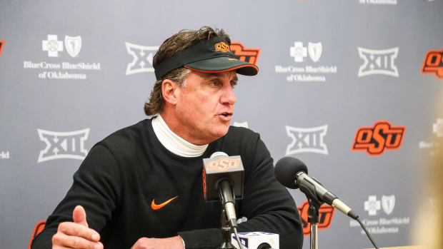 Oct 21, 2023; Morgantown, West Virginia, USA; Oklahoma State Cowboys head coach Mike Gundy speaks to the media after defeating the West Virginia Mountaineers at Mountaineer Field at Milan Puskar Stadium. Mandatory Credit: Ben Queen-USA TODAY Sports